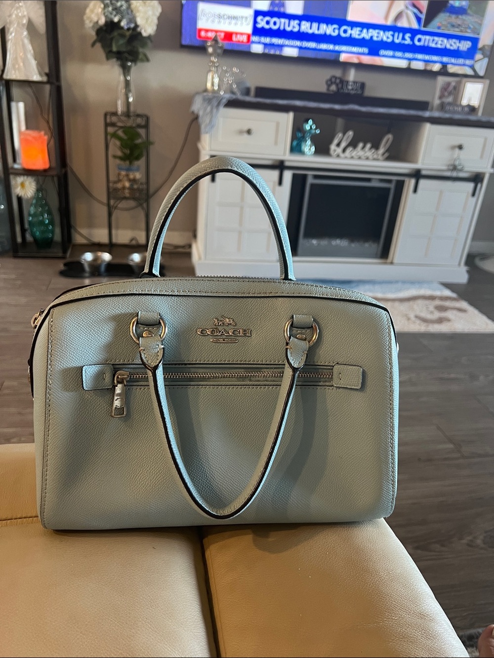 Coach Pebbled Leather Satchel in Pale Blue with Gold Hardware